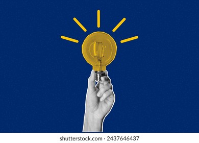 Halftone collage retro banner, paper cut out magazine elements. Hand holding a glowing light bulb on a textured blue background. Answer, idea, problem solving or business solution concept.