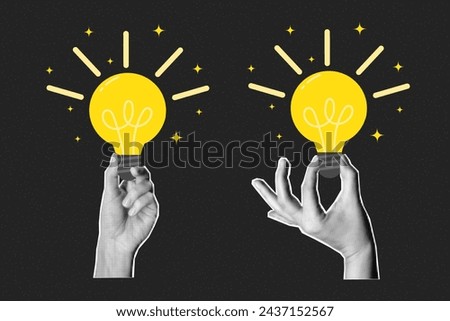 Halftone collage retro banner, paper cut elements. Two hands holding flat glowing light bulbs on a dark background. Answer, idea, problem solving or business solution concept.