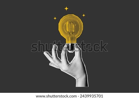 Halftone collage retro banner, paper cut elements. Hand holding a glowing light bulb on a dark background. Answer, idea, problem solving or business solution concept.