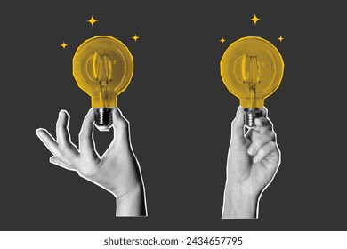 Halftone collage retro banner, set of two hands holding glowing light bulbs on a dark background. Answer, idea, problem solving or business solution concept.