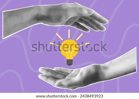 Halftone collage retro banner. Two hands cut out from a magazine and a floating light bulb on a purple background, torn paper. Question and answer, concept of idea, problem solving o business solution