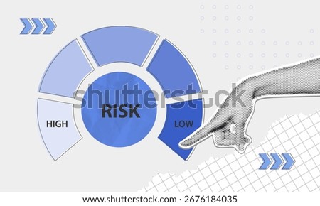 Halftone collage of risk assessment and safety planning concept with pointing hand, business strategy for cost reduction, financial security, investment decision management
