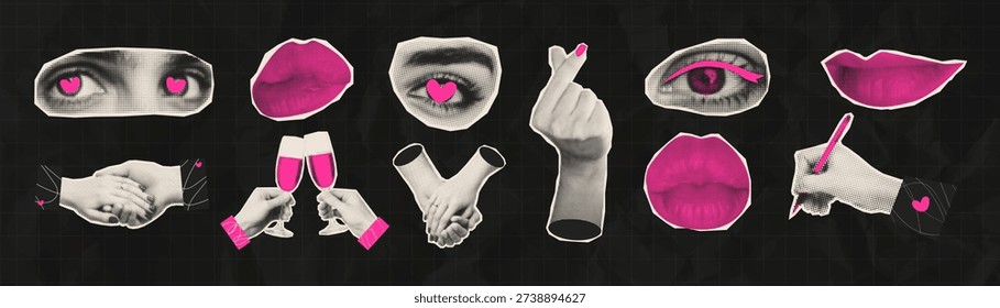 Halftone collage set with eyes, lips, hands, champagne and love symbols. Trendy retro elements perfect for Valentine’s Day posters, cards, stickers and social media. Love, Romance, Couple Concept.