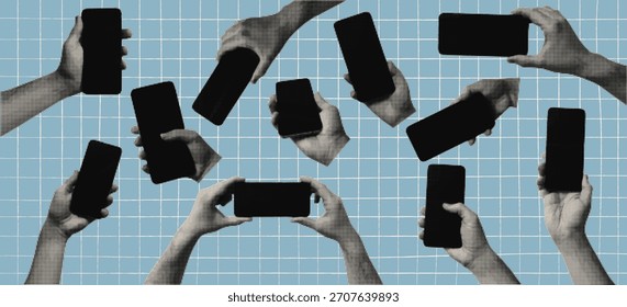 Colagem de meio-tom mostrando gestos com as mãos e interação com o telefone. Ilustração vetorial para modelos de design e cartazes criativos.