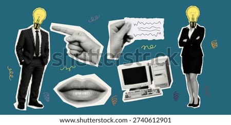 A halftone collage shows business figures with lightbulb heads alongside pointing hand lips and vintage computer rendered in pop art style for editorial and branding use vibrant