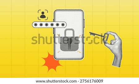 halftone collage, smartphone lock with padlock, need to login with password field asterisks and hand holding key, on yellow grid background for cybersecurity secure