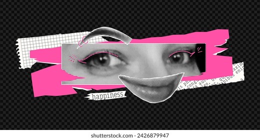 Halftone collage with smiling, happy girl. Concept of good mental health, happiness and joy. Modern vector design with torn paper.