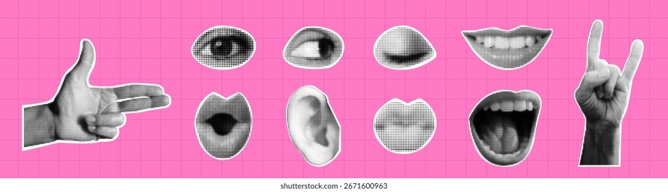 Paquete de pegatinas de collage de medio tono. Conjunto retro de ojos, bocas, labios, gestos de mano en estilo pop art. Elementos de recorte de textura punteada para Anuncio, póster, tarjeta.