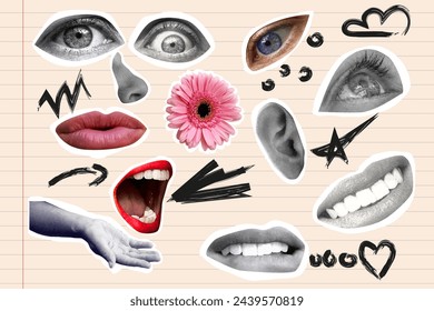 Conjunto de pegatinas de collage de semitonos. Mano, nariz, labios, ojos. Plantilla retro para banner, póster, tarjeta. Ilustración de vector contemporáneo.