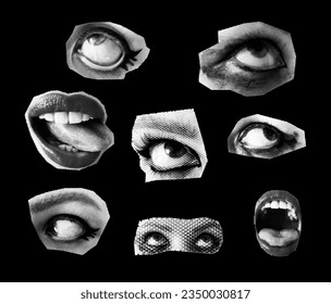 Halftone collage sticker set. lips, eyes with gothic makeup . Retro halftone collection. Punk,2000x y2k emo style vector illustration.