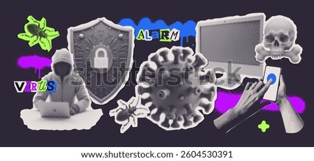 Halftone collage stickers set in theme of computer virus, cybersecurity and personal data protection. Shield with digital lock. Trendy pop art mixed media concept. Laptop computer and Halftone hands.