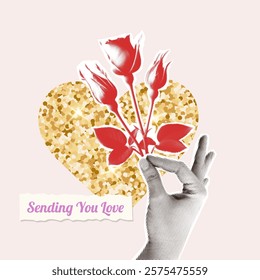 Halftone collage style hand holding roses on gold glitter heart. Love, Valentine's Day, relationship trendy romance mixed media style greeting card. Vector illustration
