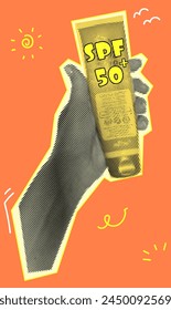 Halftone collage for sunscreen promotion. A hand holds sunscreen, spf 50. Template for banner, poster, postcard.

