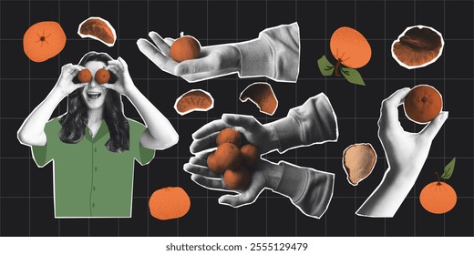 Halftone Collage of tangerines and Hands