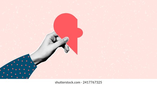 Halftone collage template for banner. A hand holds a puzzle in the shape of a half heart, elements cut out of paper. Concept of finding a soulmate, love, valentine's day.