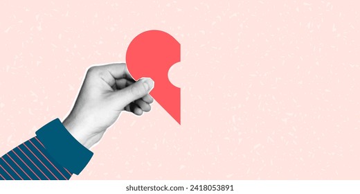 Plantilla de collage de semitono para el cartel. Una mano sostiene un rompecabezas en forma de medio corazón, elementos cortados de papel sobre un fondo de luz. Concepto de encontrar un alma gemela, amor, día de San Valentín.