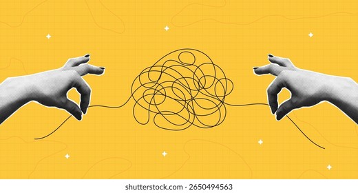 Colagem de meio-tom de duas mãos que desamarram a bola emaranhada ou a linha bagunçada. Conceito de resolução de problemas mentais ou simplificação de um processo complexo no negócio. Ilustração vetorial.