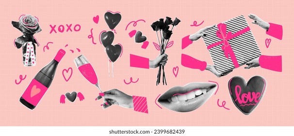 Halftone collage valentine day set with funky doodle shapes. Gift, rose, lips, wine, champagne, balloon. Trendy vector illustration