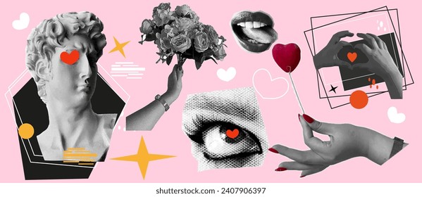 Halftone collage valentine day set with funky doodle shapes. Trendy vector illustration