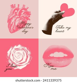 Halftone collage valentine day set with greeting texts. Human heart, rose, mouth and hand holding heart shape Valentine card. Trendy vector illustration