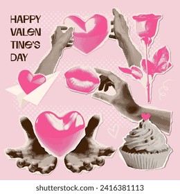 Halftone collage valentine's day set with funky torn out magazine paper shapes. Cake, hands holding hearts, rose, paper plane. Trendy vintage vector illustration