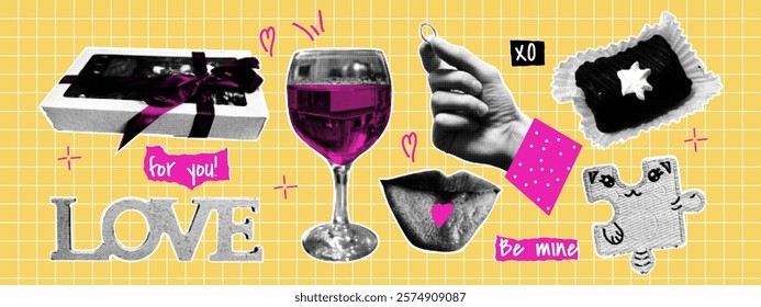 Halftone collage Valentine's Day set. Lips, gift, cake, glass of wine, ring, puzzle. Trendy elements with naive doodle elements. Dotted pop art style.
