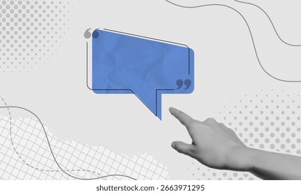 Halftone collage of vector image of empty blue speech bubble and pointing hand symbolizing social media communication, quote space, messaging and creative ideas