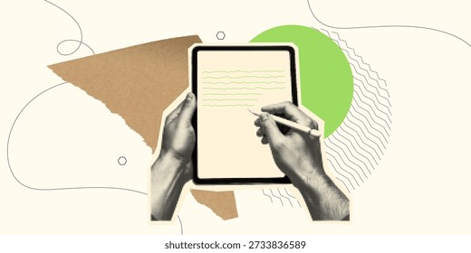 A halftone collage vector shows hands writing on a tablet with a stylus, textured paper elements and green accent, suggested for editorial and web branding, calm.