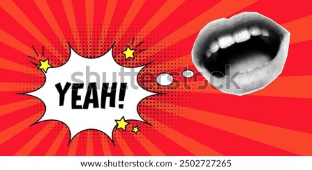 Halftone collage vintage banner, open mouth and speech bubble, expressive inscription yeah, cloud and explosion in a comic style. Paper cut elements, pop art style, bright red background.