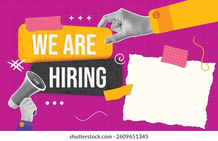 Halftone Collage We are hiring . Chat speech bubble. Recruitment agency sign.