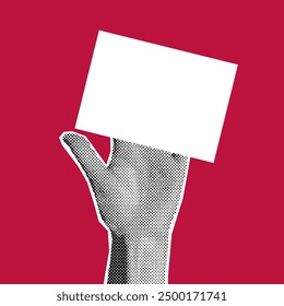 Halftone collage of a womans hand holding a blank white sheet of paper  or businesscard. Trendy vintage vector illustration on red background