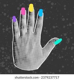 Halftone collage of a woman's hand with multicolored rainbow nails on a dark textured background. Bright colored manicure, doodle elements.