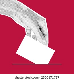 Halftone collage of a womans hand puts down a ballot. Poster for voting in elections. Trendy vintage vector illustration on red background