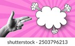 Halftone collage, women's hand gesture in the shape of a gun, empty speech bubble, cloud in a comic style. Template for retro pop art banner, two fingers, cut out of magazine element.