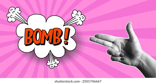Collage semitono, gesto de mano de las mujeres en forma de pistola, burbuja de discurso con inscripciones expresivas rojas, bomba, nube y explosiones en un estilo cómico sobre un fondo rosa. Anuncio retro de arte Pop.