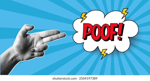 Halftone collage, women's hand gesture in the shape of a gun, speech bubble with expressive red inscriptions poof, cloud in a comic style. Pop art retro banner, two fingers, cut out of paper.