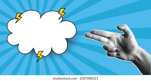 Collage semitono, gesto de mano de las mujeres en forma de pistola, burbuja de discurso vacía, nube en un estilo cómico. Plantilla para Anuncio de arte pop retro, dos dedos, recortado de la revista, fondo azul.