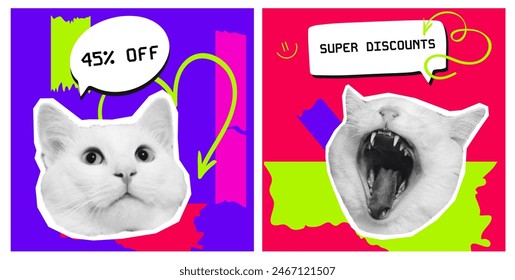 Halftone collage y2k cat posters with neon colors and discount messages. Perfect for super sales promotions and attracting customers