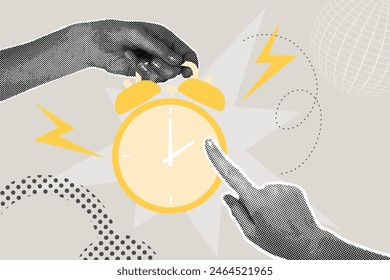 Collage de medio tono. Una mano sostiene un reloj despertador sonando, la otra mano muestra la hora. Tiempo, Tiempo, Apúrate. Conceptos de negocio de Vector para gráficos y Diseño web, presentaciones de negocios, marketing y