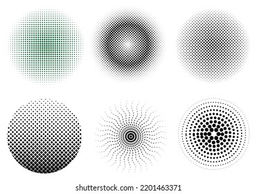 Halftone collection. Circle halftone dots gradient elements, Pop art,  vintage or retro graphic style, abstract spotted shapes isolated on white. Vector illustration texture set, usable as decorative