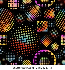 Halftone colored dots. Seamless on a black background