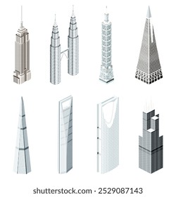 Halftone colored icons of famous skyscrapers. Vintage and postmark style. Vector set