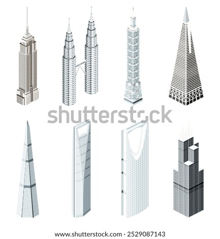 Halftone colored icons of famous skyscrapers. Vintage and postmark style. Vector set