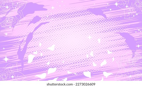 Halftonfarbener rosafarbener Hintergrund mit Rosenblumen im Manga- und Comicstil. Cute kawaii Hintergrund für Mädchen. Vektorgrafik.
