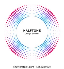 Halftone colorful circle frame abstract dots logo emblem design element. Half tone circular icon. Disc musical insignia. Music round border using halftone circle dots raster texture. Vector. 
	
