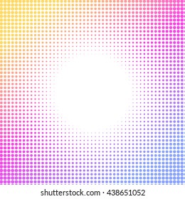 Halftone colorful pattern. Dotted frame from pink to purple and yellow on white background.