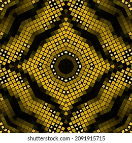 Halftone colorful seamless pattern. Mosaic squares vector glowing background. Geometric repeat trendy backdrop. Halftone squares ornament. Ornate geometrical modern design. Endless ornamental texture.