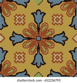 Halftone colorful seamless retro pattern vintage brown blue cross flower kaleidoscope