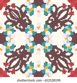 Halftone colorful seamless retro pattern red flower kaleidoscope curve cross