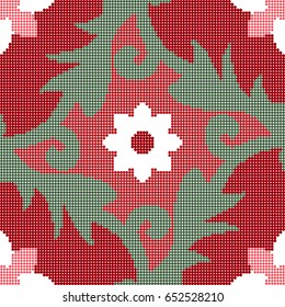 Halftone colorful seamless retro pattern red flower leaf spiral vine kaleidoscope